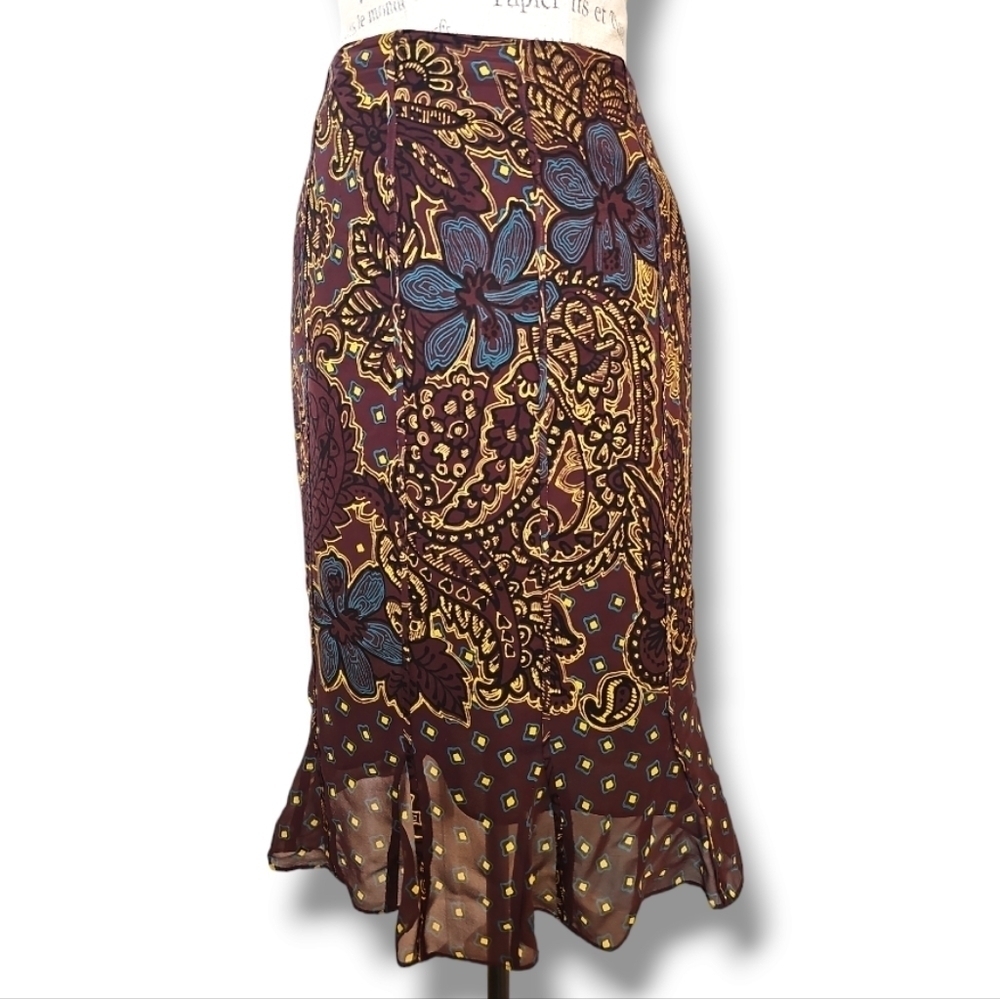 Jones New York Brown, Yelllow & Teal Printed Silk Fishtail Skirt - Size 16